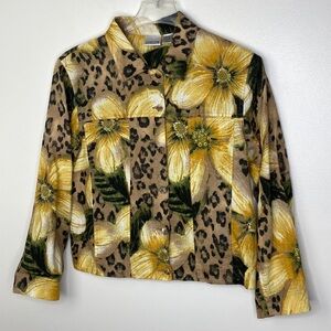 Chicos Womens Floral & Leopard Print Linen Jacket Size 2 Large